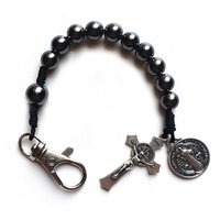 Vintage Metal Saint Benedict Crucifix Pendant Hematite Beads Rosary Pocket Key Chain For Men Women
