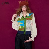 ELFSACK Women Knit Cardigan 2026 Winter Lapel Shirt V-Neck Vest Puff Sleeve Cartoon Print Casual Knit Top