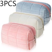 3-Piece Set of Plush Makeup Bags, Plaid Makeup Bag, Large Capacity Zippered Travel Toiletry Bag, Portable Multifunctional Storage Bag, Cute Makeup Brush Storage Pouch, Suitable for Women, Pink, Blue,