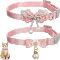 2Pcs Pink Cat Collar Breakaway Adjustable Cute Cat Collar with Pearl Pendant Girl Cats Collars with Safety Buckle Pink