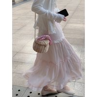 Ezgaga Sweet Skirts Women Bowknot Lace Patchwork Stretch High Waist Spring 2026 Fashion Elegant Long Skirt Female Casual
