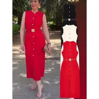 HXAO Red Black Women's Dress Sleeveless Casual Elegant Woman Party Dress Summer Belt Button Long Dresses Tank Midi Dress 088