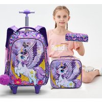 3PCS Set Rolling Backpack For Girls, Cute Cartoon Moon Unicorn Sequin Design Wheeled Bags With Lunch Box And Pen Bag-Purple