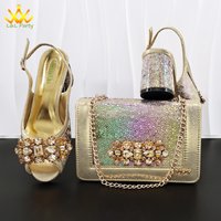 Golden Color New Arrivals 2026 High Quality Italian Women Shoes Matching Bag Set Mid Heels Comfortable Heels for Wedding