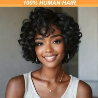 10Inch Curly Bob Pixie Wigs Human Hair 100% Natural Realistic Tangle Free Full Machine Made For Women Black Wig With Bangs