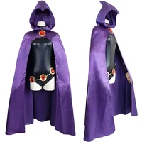 Teen Raven Cosplay Costume Superhero Cloak Jumpsuits Halloween Tight clothes + Cape + waist jewelry chain