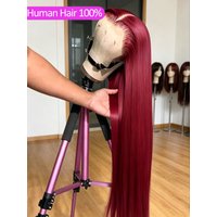 38 Inch 99j Burgundy 13x6 Straight Lace Front Wigs Human Hair 220% Density HD Lace Front Wig Pre Plucked with Hairline Wine Red