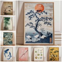 Japanese Crane Poster, Vintage Ukiyo-e Wall Art, Red Sun and Pine Tree Print Traditional Japanese Artwork, Oriental Home Deco