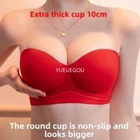Red 10CM Ultra Thick Strapless Push Up Bra for Wedding Anti-Slip Bridal Bustier Corset Invisible Plunge for Small Chest, AA Cup