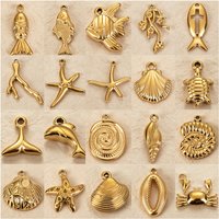 12pcs Summer Beach Charm Coral Shell/Turtle/Crab Stainless Steel Golden Sea Animal Vortex Conch Fish Pendants DIY Jewelry Making