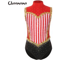 Kids Girls Rhinestones Gymnastics Ballet Leotards Circus Costume Ringmaster Bodysuit Glitter Sequins Sleeveless Striped Jumpsuit