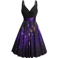 Womens Galaxy Gothic Dresses Print V Neck Grommet Buckle Dress Lace Up Crossover Sleeveless Dress 2024 New Mini Dress