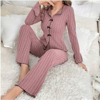 Women Lounge Solid Pajama Sets Bow Button Turn Down Collar Top Two Pieces Slim Fit Straight Long Pants Casual Nightwear