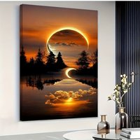 1pc Modern & Vintage Lake Eclipse Oil Painting Wall - Solid Wood Framed Wrapped Canvas Poster Suitable for Living Room, Dinin