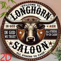 2D Flat - 1pc Vintage 8x8 Round Metal Wall Tin Sign - Longhorn Bar Cowboy Spirit Art, Rustic Western Decor with "Welcome to Long