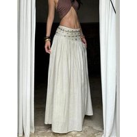 Vacation style heavy industry off white A-line skirt for women summer new thin skirt holiday retro low waist long skirt