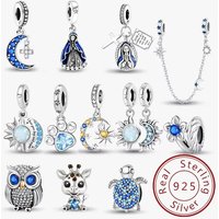 925 Sterling Silver Owl Cross Sun Moon Stars Blue Charms Bead Diy Bracelet Making Gift of High Quality Fine Jewelry for Women