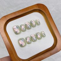 10pcs Glass Bead Cat‘s Eye Handmade Press On Nails With Glitter Stars Designs Removable Detachable Fashion False Nails Square