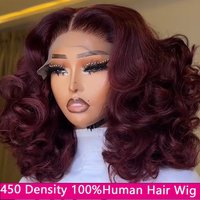 450 High Density 99j Burgundy Bouncy Curl 13x4 HD Lace 100% Human Hair Wine Color Wig For Woman Super Double Drawn Glueless Wigs