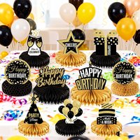 8PCS Black Gold Birthday Honeycomb Set Happy Birthday Party Themed Decoration for Cheers Table Decoration Party Supplies Present