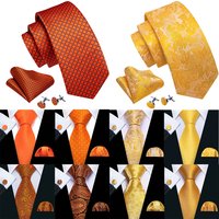 Fashion Orange Yellow Men Tie Luxury Plaid High Quality Pocket Square Cufflinks Sets Groom Wedding Gifts Barry.Wang 6484