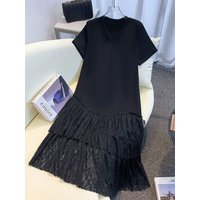 plus Size Summer T-Shirt Dress V-Neck Short Sleeve Lace Hem Splice A-Line Dress Korean Style Casual Comfortable Fit for Women