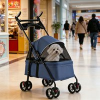 Foldable Pet Stroller for Dogs Cats with Cup Holders 300D Oxford Waterproof Fabric 4 Wheels - Grey/Black/Blue/Pink