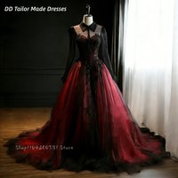 Gothic Black And Red Wedding Dress Illusion Long Sleeves Lace Appliques A-Line Bridal Gowns Customized Vestidos De Novia