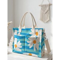 Blue Stripe Daisy Print Corduroy Tote Bag Large Capacity Multi Pocket Floral Lover Commuter Shoulder Bag