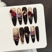 Handmade Press On Nails 3D Snake Roses Decor False Nails Black Brown Gradient Designs Dark Punk Fake Nails Art Wearable 10pcs