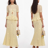 Women Flower crochet hook Hollow knit long dress high waist o-neck short sleeve fashion maxi dress