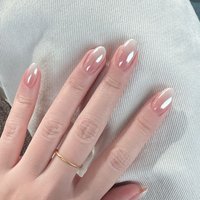 24pcs Chrome Press on Nails Short Almond Fake Nails Full Cover Gradient Pink White False Nails Set Simple French Diamond Nail