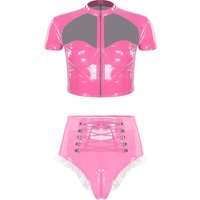 Women Wet Look PU Leather Outfit Clubwear Pole Dance Clothes Cutout Short Sleeve Zipper Underwire Crop Top And High Waist Briefs