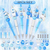 6pcs/set Christmas DIY Beaded Pen, Blue Snowflake Wooden Bead DIY Ballpoint Pen Set, for Learning Writing Office Stationery