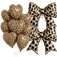 Leopard Print Foil Balloon Set, 10PCS, Heart and Bow Shaped, 18 Inch Hearts and 38.6 Inch Bows, Wild & Chic Themed Decorations