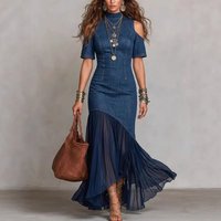 Women Evening Dresses Short Sleeves Mock Neck Splicing Chiffon Pleated Dress Off-shoulder Vintage Casual Slim Denim Long Dress
