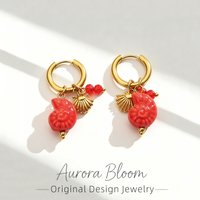 AURORA Summer Red Ceramic Conch Pendant Earrings For Women's Hoop Earrings Ocean Style Women's Earring Stainless Steel Jewelry