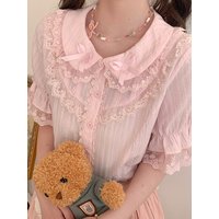 TBC LOLITA Summer Lolita Shirt Short Sleeve Women's Inner Wear Casual Breathable Polyester Fiber Lace Trim Cute Style Bubble