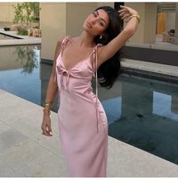 Sexy Satin Hollow Out Bow Maxi Dress Women Elegant Backless V Neck Sleeveless Slim Party Dresses Summer New Vacation Lady Robes