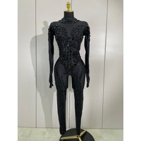 Luxury Festivals Outfit Sparkle Diamonds Sequins Black Spandex Jumpsuit Women Eveing Birthday Party NightClub Bar Stage Costume