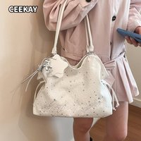 CEEKAY Silver Star Print PU Coated Large Tote Bag Star Pendant Charm Drawstring Side Design Wide Handle Casual Shoulder Handbag