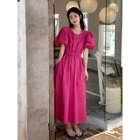 Elegant A-Line Dress Summer Bubble Sleeve Women's Fashionable Midi Skirt Classic Style Gathered Waist Polyester Fabric