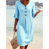 Summer New Women Solid Color Casual Comfortable Cotton Dress Button Ruffles Women Midi Dresses