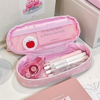 Pink Star Rabbit Pattern Pen Bag Double Layers Vertical Base Pencil Case Transparent Large Capacity Stationery Storing Bag