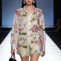 2Pcs Set Spring Summer Perspective Women Flowers Embroidery Chiffon Shirt Floral Net Yarn Blouses Mesh Cardigan Tops + Shorts