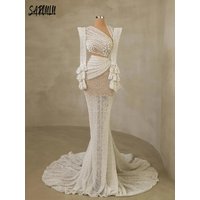 Luxury Mermaid Wedding Dress Illusion Pearls Sequins Bride Robe Elegant Long Sleeve Bridal Dresses Vestidos De Novia