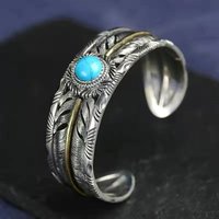 Vintage Copper Plated Silver Color Feather Bracelet For Men Women Open Cuff Bangle With Turquoise Retro Style Wrist Jewelry Gift