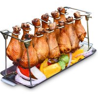 Chicken Leg Rack for Grill with Drip Tray- 14 Slots Chicken Wing Rack- Premium Stainless Steel Chicken Drumstick Rack for Smoker
