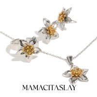 MamacitaSlay 316L Stainless Steel Mixed Color Flower Earrings Necklace Ring 18K Gold Plated Waterproof Jewelry Set Unique Gift