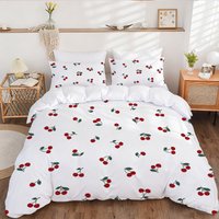 3PC Red Background White Cherry Duvet Cover Set With Fruit Print Pattern (1 Duvet Cover+2 Pillowcases), Soft to the Touch